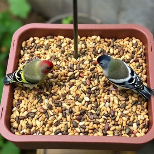 Mixed seed in shallow tray for finches