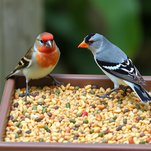 Mixed seed in shallow tray for finches