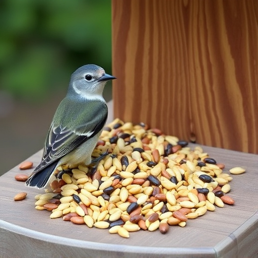 Mixed seeds on a wooden bird table