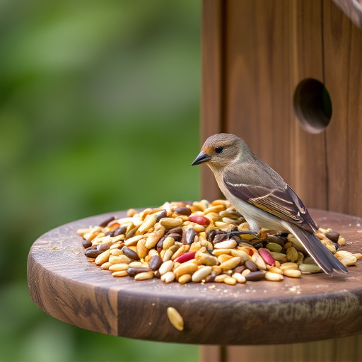 Mixed seeds on a wooden bird table