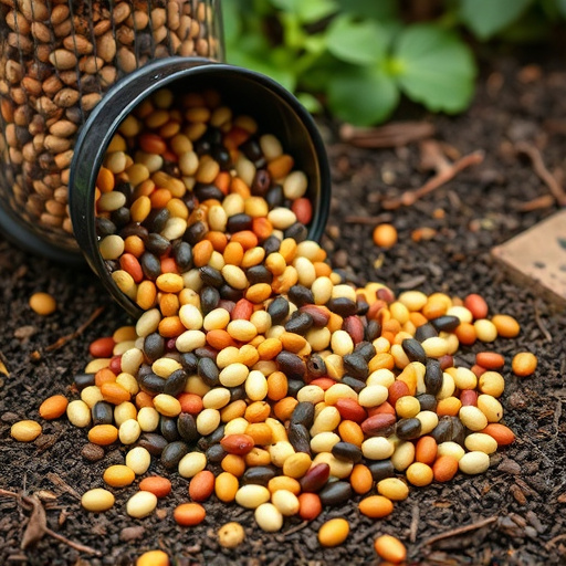 Mixed seeds spilling from garden feeder