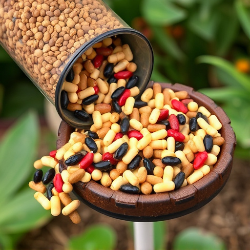 Mixed seeds spilling from garden feeder