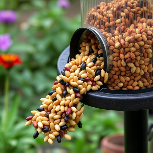 Mixed seeds spilling from garden feeder