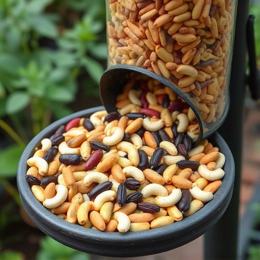 Mixed seeds spilling from garden feeder