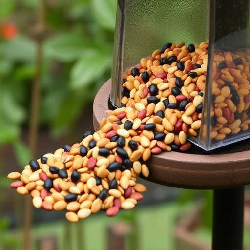 Mixed seeds spilling from garden feeder