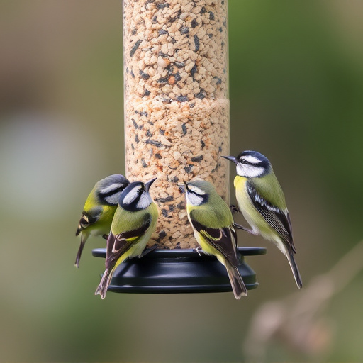 Mixed tits feeding on hanging suet feeder
