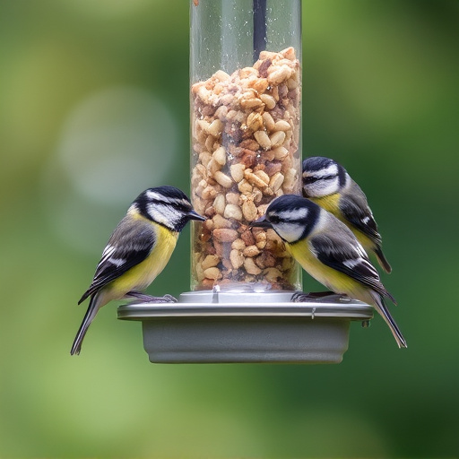 Mixed tits feeding on hanging suet feeder