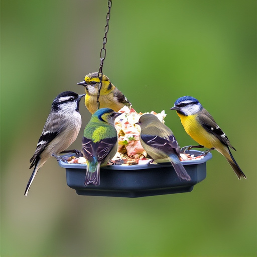 Mixed tits feeding on hanging suet feeder