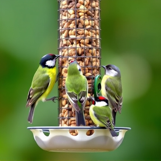 Mixed tits feeding on hanging suet feeder