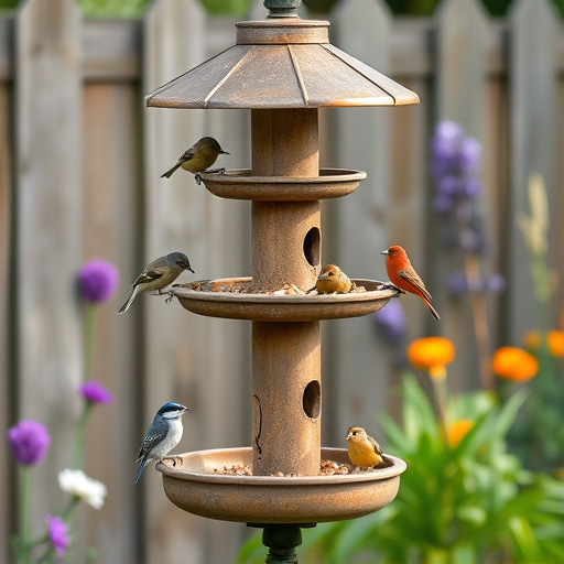 Multi-level bird feeding station in garden
