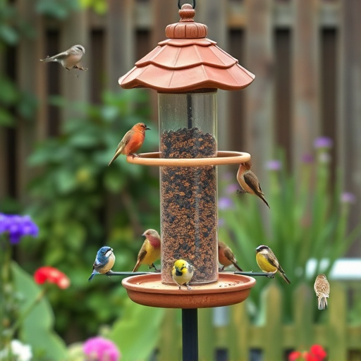 Multi-level bird feeding station in garden