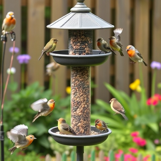 Multi-level bird feeding station in garden