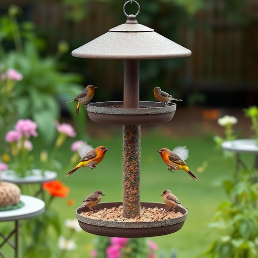 Multi-level bird feeding station in garden