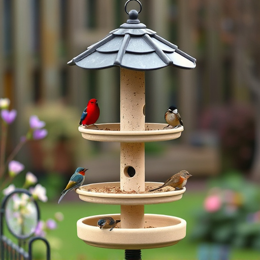 Multi-level bird feeding station in garden