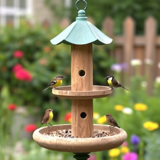 Multi-level bird feeding station in garden