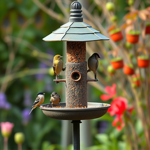 Multi-level bird feeding station in garden