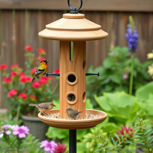 Multi-level bird feeding station in garden