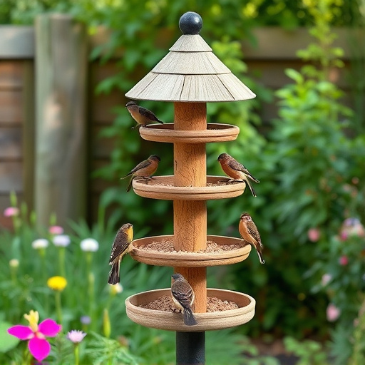 Multi-level bird feeding station in garden