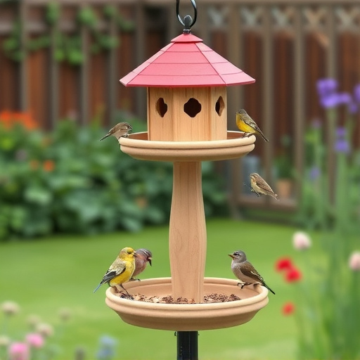 Multi-level bird feeding station in garden