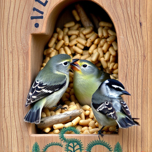 Nesting birds feeding on suet pellets