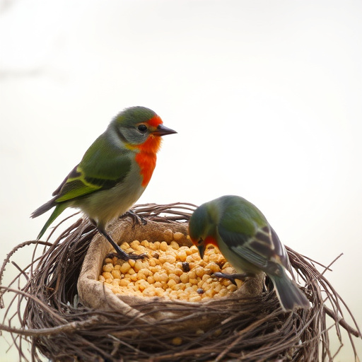 Nesting birds feeding on suet pellets