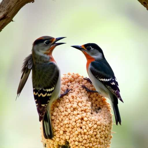 Nesting birds feeding on suet pellets