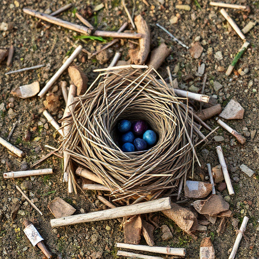 Nesting material scattered on ground