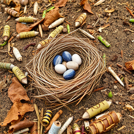 Nesting material scattered on ground