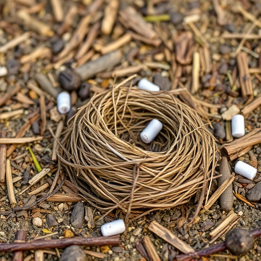 Nesting material scattered on ground