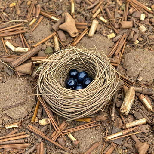 Nesting material scattered on ground