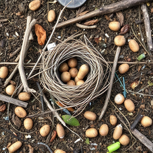 Nesting material scattered on ground