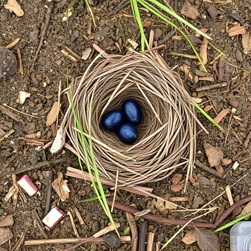 Nesting material scattered on ground