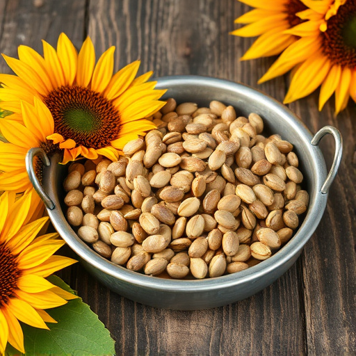 Open metal tray with sunflower seeds