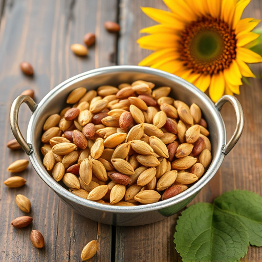 Open metal tray with sunflower seeds