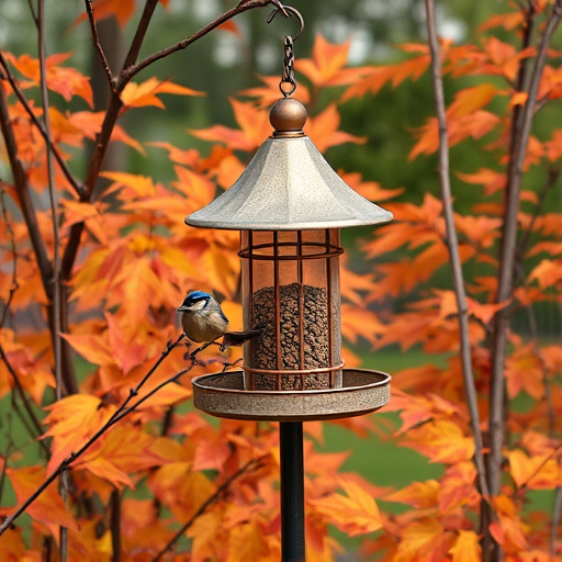 Outdoor feeder surrounded by autumn foliage