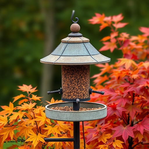 Outdoor feeder surrounded by autumn foliage