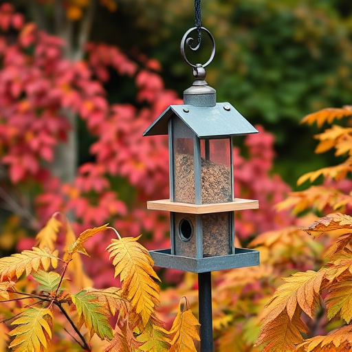 Outdoor feeder surrounded by autumn foliage