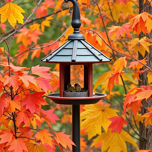 Outdoor feeder surrounded by autumn foliage