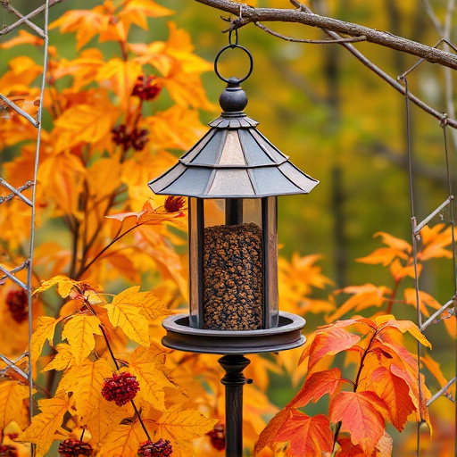 Outdoor feeder surrounded by autumn foliage