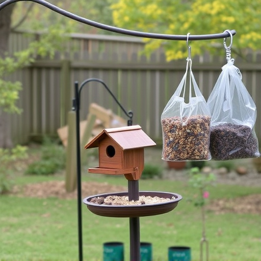 Outdoor scene with feeders and seed bags
