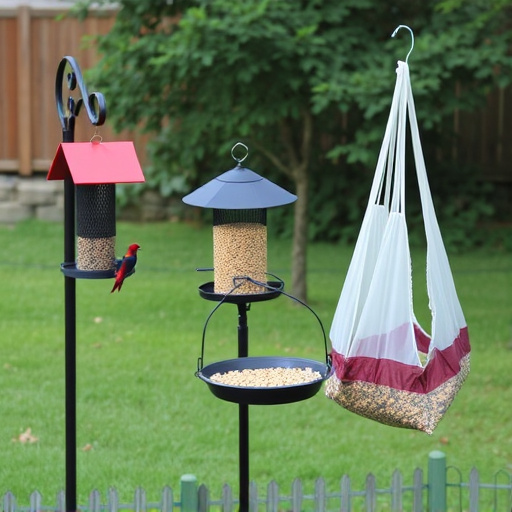 Outdoor scene with feeders and seed bags