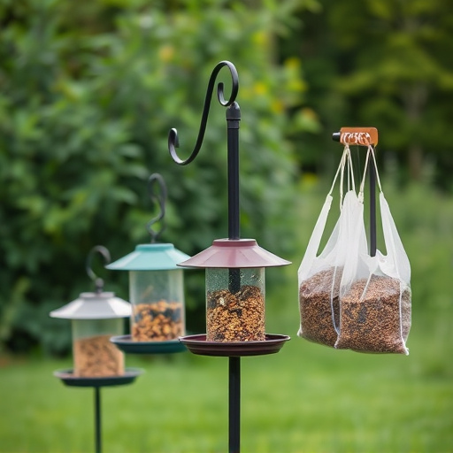 Outdoor scene with feeders and seed bags
