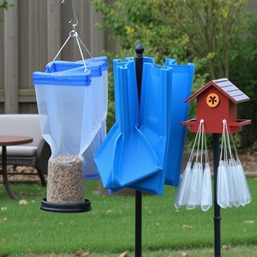 Outdoor scene with feeders and seed bags