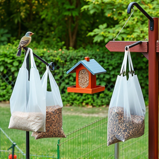 Outdoor scene with feeders and seed bags