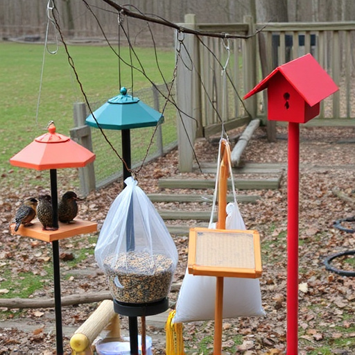 Outdoor scene with feeders and seed bags