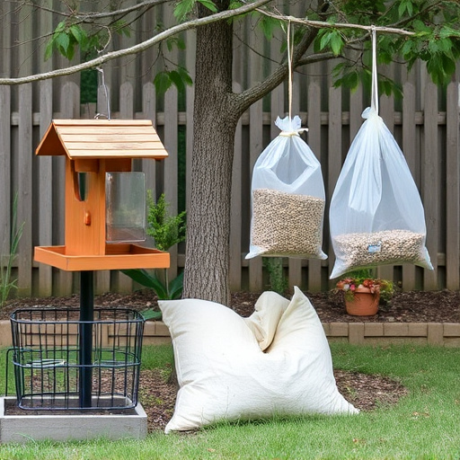 Outdoor scene with feeders and seed bags