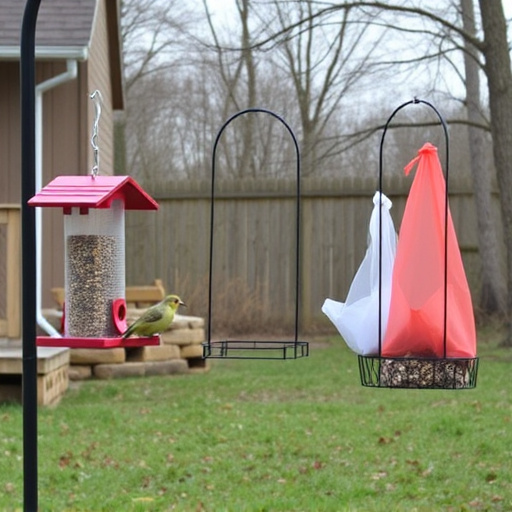 Outdoor scene with feeders and seed bags