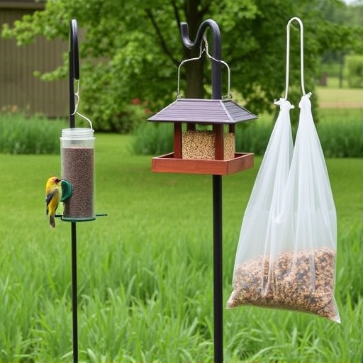 Outdoor scene with feeders and seed bags