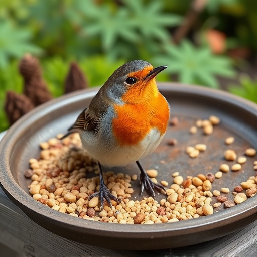 Outdoor tray with robin-attracting seeds