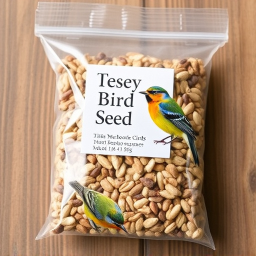 Packaged bird seed mix with label visible